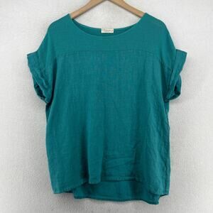 BELLA UMBRA Top M Linen Cotton Basketweave Cuffed Short Sleeve Blue Green Italy